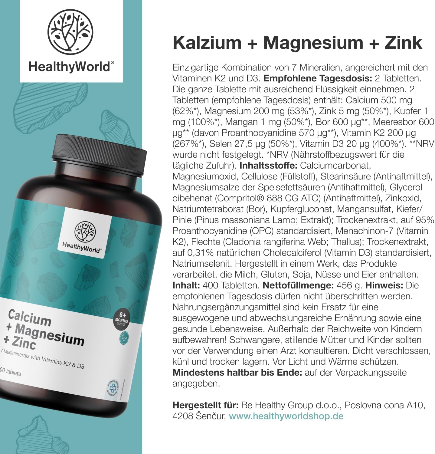 Magnesium Komplex mit B6 & Zink – Calcium + Magnesium + Zinc - Complex with 2 Vitamins & 7 Minerals - 400 Tablets - With Vitamin D3 & K2 - Support for Vitality & Immune System - More Than 6 Months Supply – Bild 7