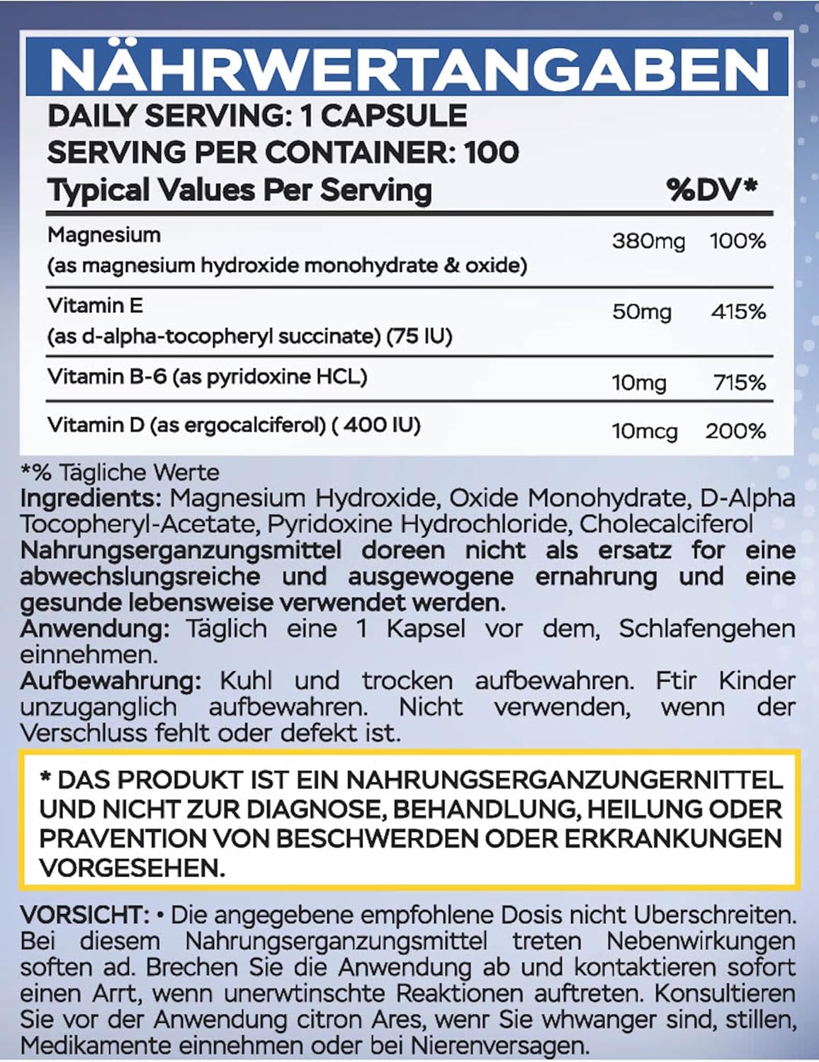 Magnesium 600 mg – MGSPORT High Absorption Magnesium Capsules Pack of 100 - 380 mg Elementary Magnesium, Vitamin Capsules with Vitamin B6, E and D, One Tablet Before Sleeping – Bild 8