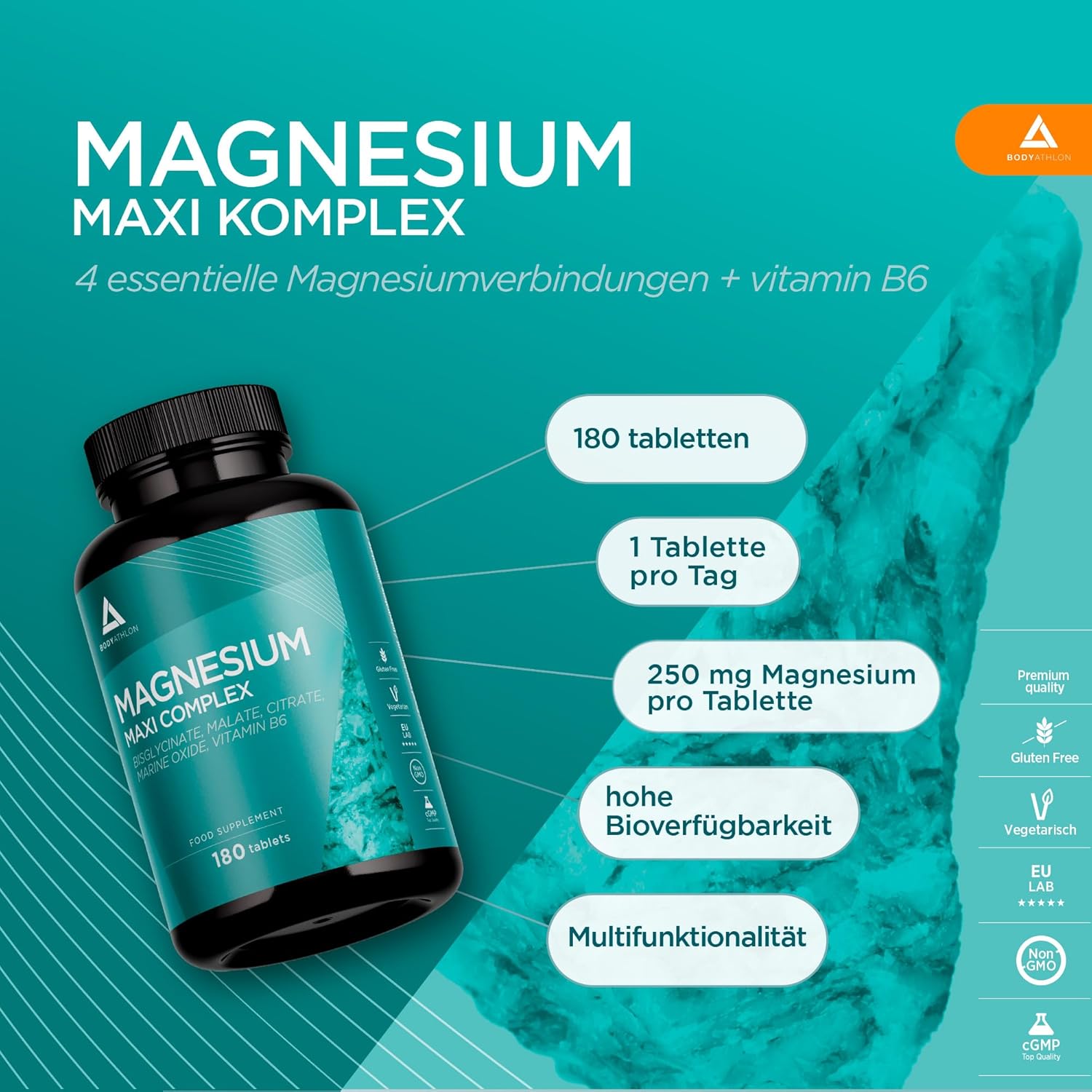 Magnesium Komplex mit B6 & Zink – Magnesium Complex | 4 Magnesium + Vitamin B6 - Magnesium Bisglycinate + Magnesium Malate + Magnesium Citrate + Magnesium Oxide - 180 Tablets - Laboratory Tested - Vegetariano, High Dose Bodyathlon – Bild 3
