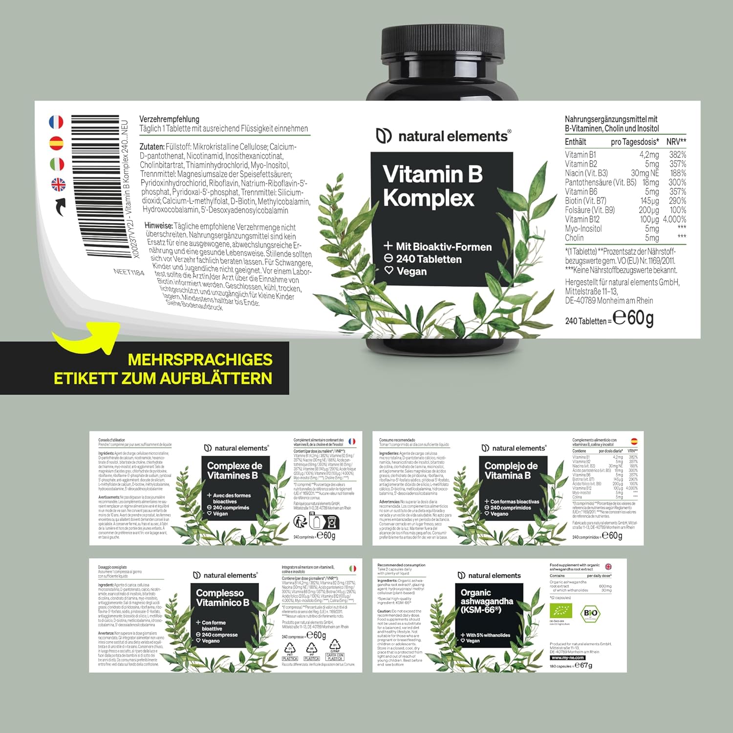 Magnesium Komplex mit B6 & Zink – natural elements Vitamin B Complex - 240 Tablets - with 8 Essential B Vitamins & Cofactors - with Bioactive Forms - Vegan, High Dose - Laboratory Tested – Bild 6