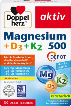 Magnesium 600 mg – Doppelherz Magnesium 500 + D3 + K2 - High Dose Magnesium as a Contribution to the Normal Function of Muscles and Nervous System - 30 Vegetarian Depot Tablets
