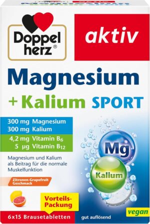 Magnesium Komplex mit B6 & Zink – Doppelherz Magnesium + Potassium Sport Magnesium and Potassium as a Contribution to Normal Muscle Function - Vegan - 6 x 15 Effervescent Tablets with Lemon Grape Fruit Flavour