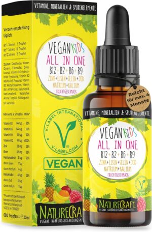 Magnesium Komplex mit B6 & Zink – Vegan Kids All-in-One Drops - Vitamin B12 + B2 + B6 + B9 Folic Acid + Zinc + Iron + Selenium + Sodium + Potassium + Iodine - Complex with Natural Tropical Fruit Flavour (20 ml = Max. 4 Month Supply)