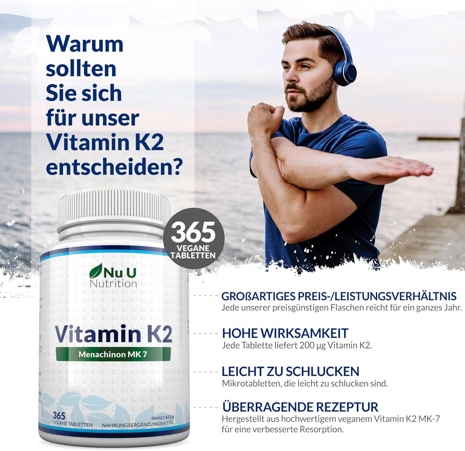 Magnesium Komplex mit B6 & Zink – Vitamin K2 MK7 200 mcg – 365 Vegetarian and Vegan Tablets Year Supply of Vitamin K2 Menac Hinon Nu U Mk7 Nutrition – Bild 3