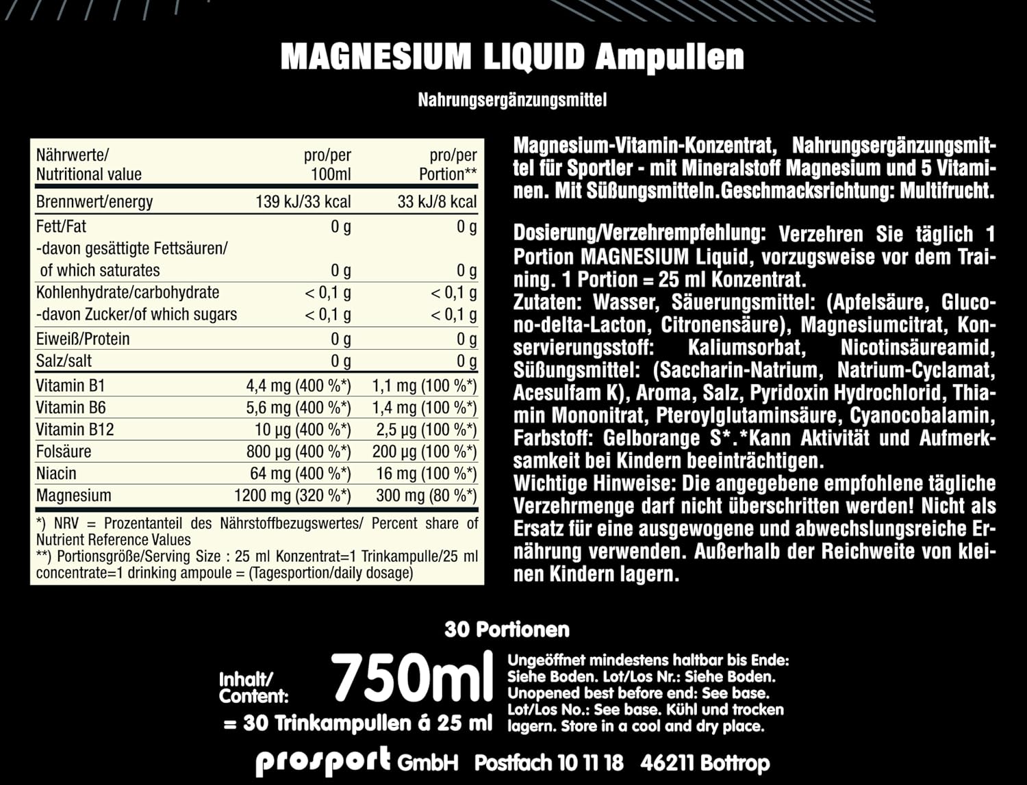 Magnesium Komplex mit B6 & Zink – Prosport Magnesium Liquid Drinking Ampoules 30 x 25 ml - Dietary Supplement High Dose with 300 mg Magnesium per Serving, 5 B Vitamins - Multi-Fruit Flavour - Ready to Drink Shot – Bild 6