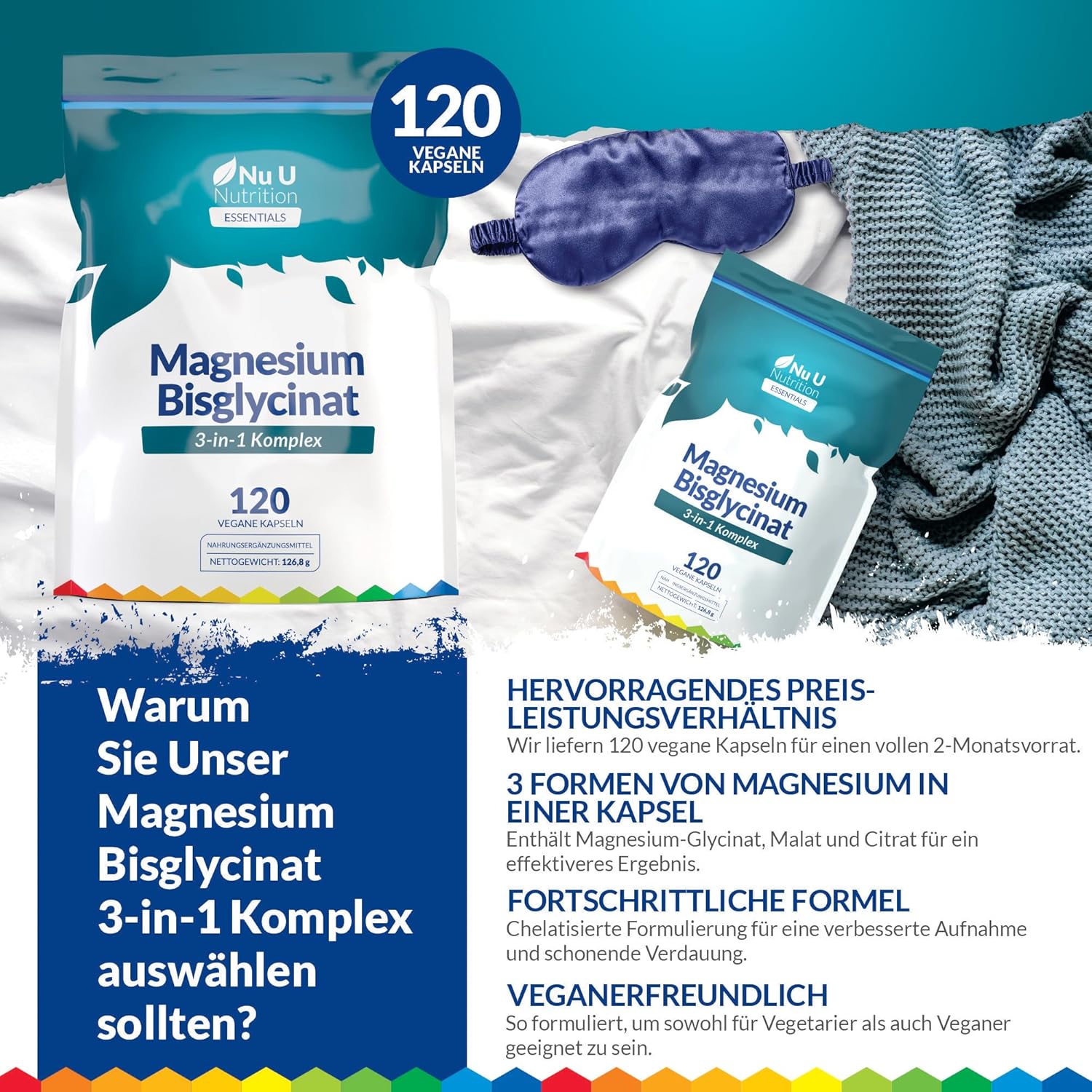 Magnesium Komplex mit B6 & Zink – Magnesium Glycinate 3-in-1 Complex 1813 mg - 120 Vegan Capsules - Triple High Absorption Bisglycinate, Citrate & Malate - 384 mg Elemental Magnesium - Nu U Nutrition – Bild 3