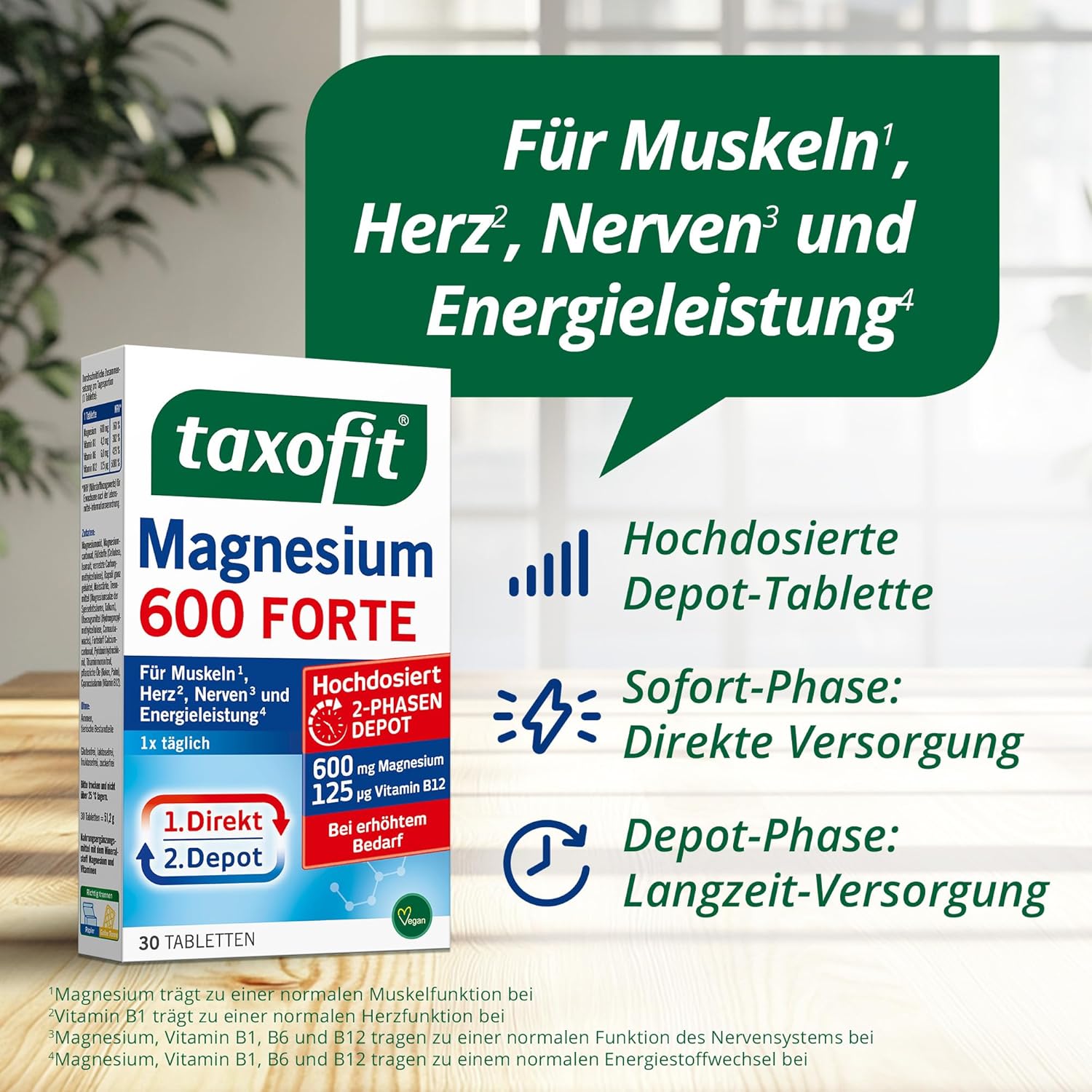 Magnesium 600 mg – taxofit Magnesium 600 Forte | 5 x 30 Tablets High Dose Magnesium 600 mg + Vitamin B1 + B6 + B12 | Magnesium Oxide & Magnesium Carbonate | for Muscles ¹, Heart² & Energy 4 | Magnesium Supply for 30 – Bild 2