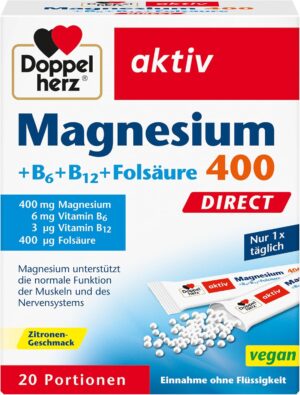 Schlaf-Magnesium mit Melatonin โ Natรผrlich einschlafen & durchschlafen โ Doppelherz Magnesium 400 DIRECT โ Magnesium Supplement for Normal Muscle Function โ Plus B6, B12 and Folic Acid โ 1 x 20 Servings Micro Pellets
