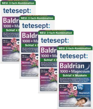 Magnesium 250 mg – tetesept Valerian 1000 + Magnesium - 4 × 40 Tablets - Dietary Supplement Supports Natural Sleep and Relaxed Muscles - Vegan