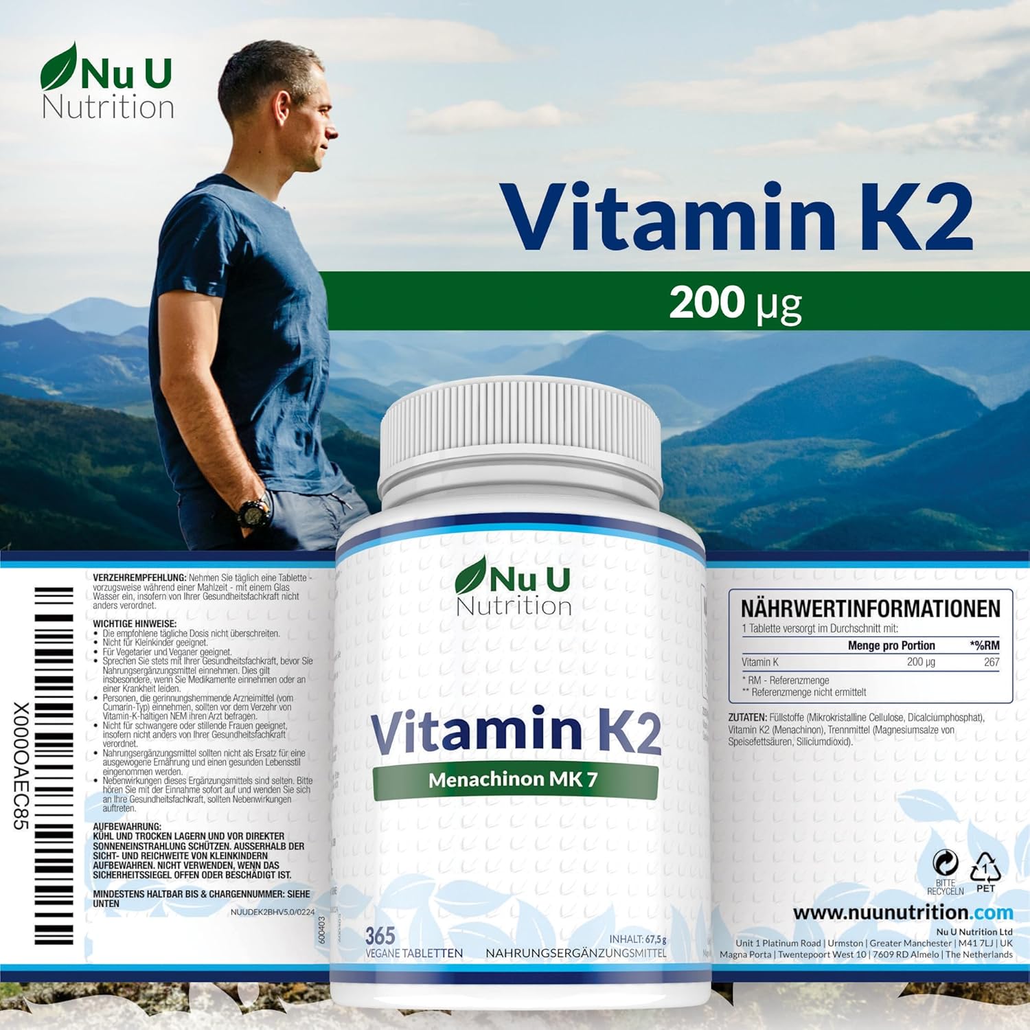 Magnesium Komplex mit B6 & Zink – Vitamin K2 MK7 200 mcg – 365 Vegetarian and Vegan Tablets Year Supply of Vitamin K2 Menac Hinon Nu U Mk7 Nutrition – Bild 9