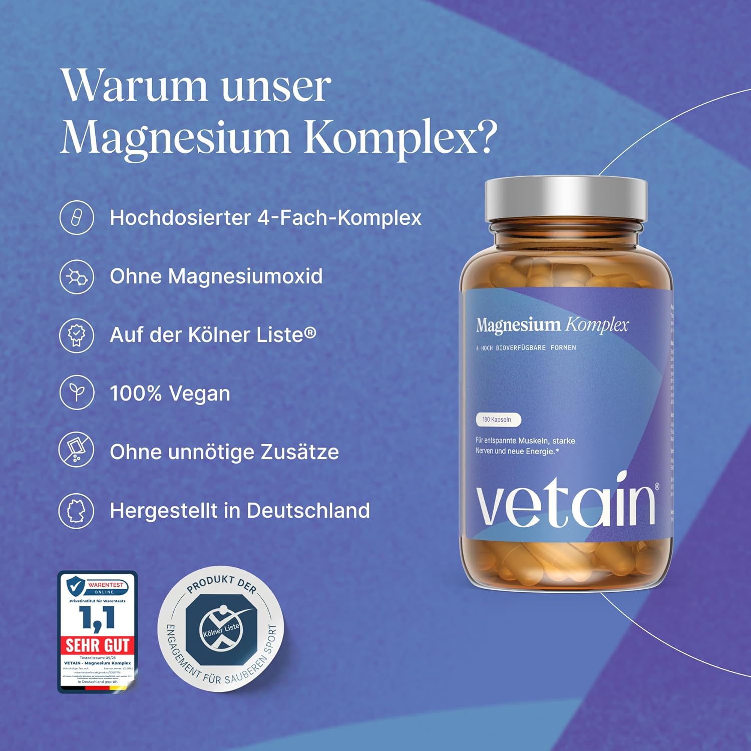 Magnesium Komplex mit B6 & Zink – VETAIN Magnesium Complex - 180 Capsules - 350 mg Elementary Magnesium per Daily Dose - 4-Way Complex with Magnesium Citrate, Bisglycinate, Malate & Taurate - No Oxide - High Dose, Vegan & Laboratory – Bild 3
