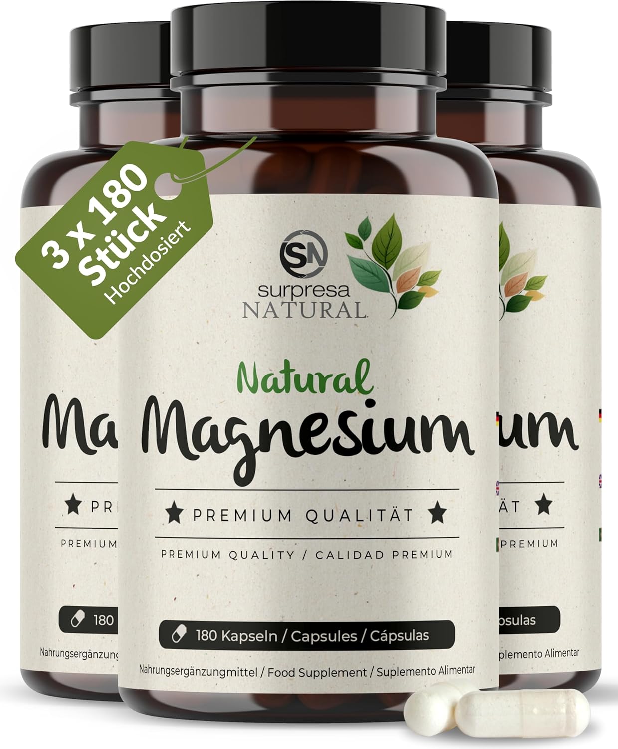 Magnesium 600 mg – Magnesium Capsules High Dose I 3 x 180 Capsules I 700 mg Hydroxide from Sea Water I 224 mg Elementary Magnesium per Capsule I Dietary Supplement Vegan & Laboratory Tested
