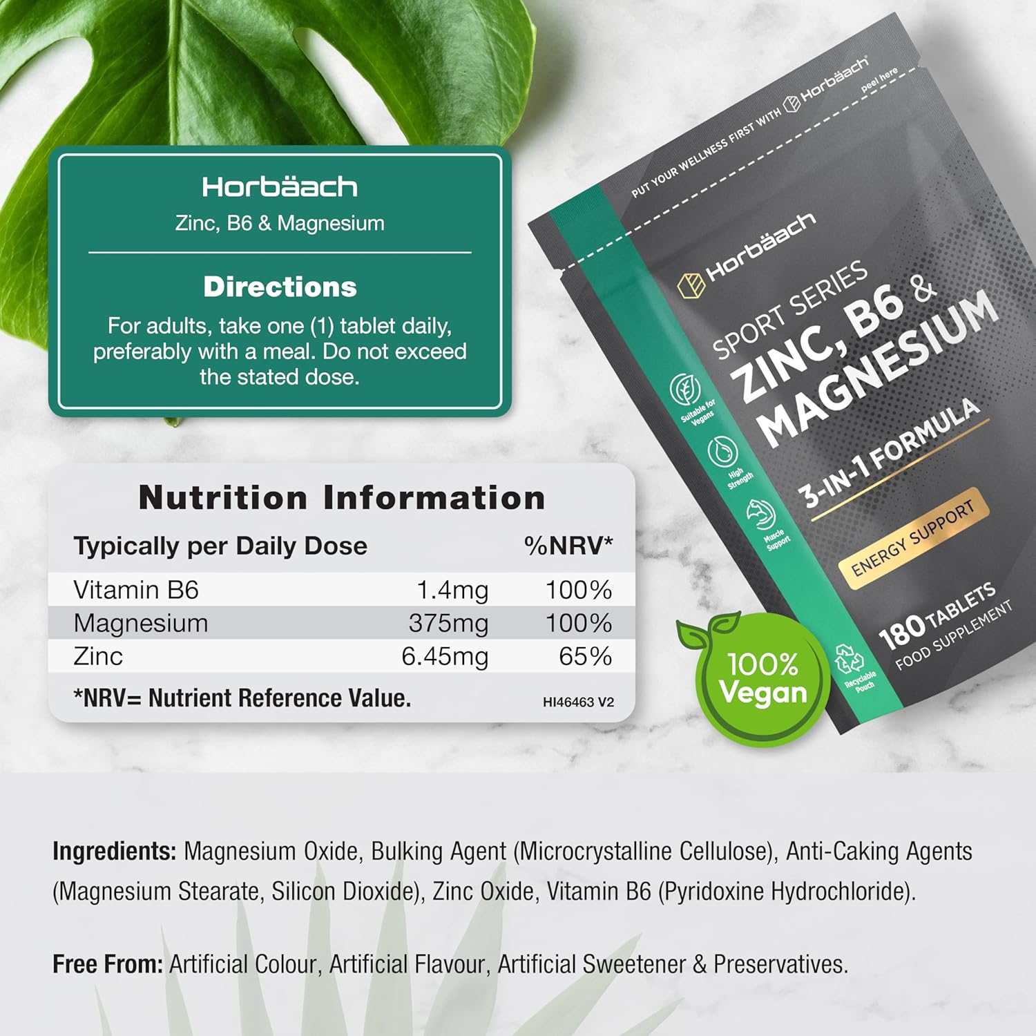 Magnesium Komplex mit B6 & Zink – Horbaach Zinc Magnesium B6 Complex | 6 Months Supply - 180 Vegan Tablets | Premium Formula | – Bild 3