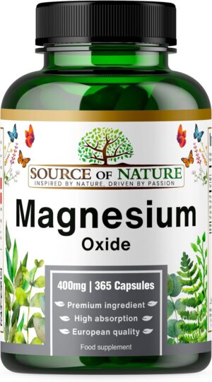 Magnesium 400 mg – Magnesium Oxide (Magnesium Oxide/Magnesium Oxide) - 400 mg Elemental - High Dose - 365 Vegan Capsules - For Muscles, Energy & Bones - Source of Nature
