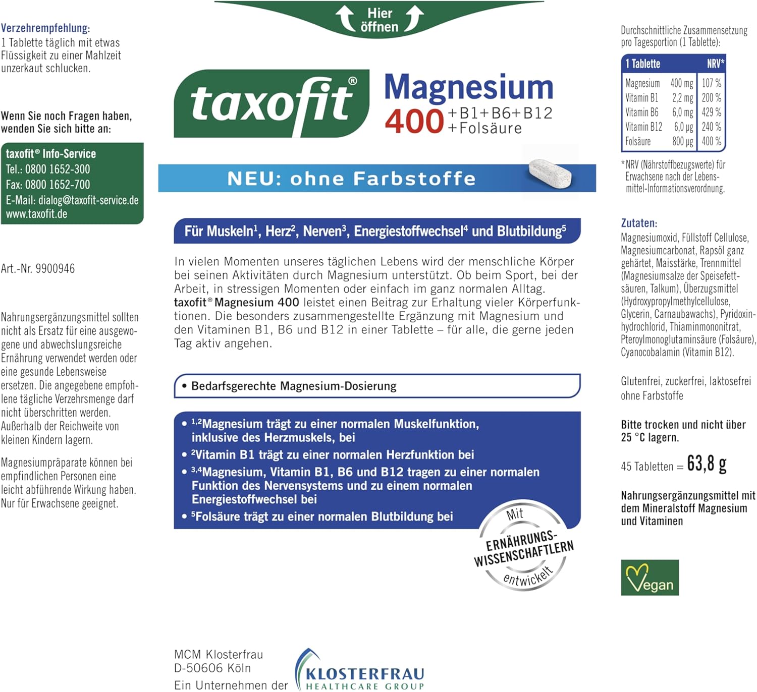 Magnesium Komplex mit B6 & Zink – taxofit® Magnesium 400 Tablets for Muscles, Heart, Nerves, Energy Metabolism & Blood Formation, High Dose, Vegan, Dietary Supplement with Magnesium, B Vitamins & Folic Acid, 5 x 45 Tablets – Bild 3