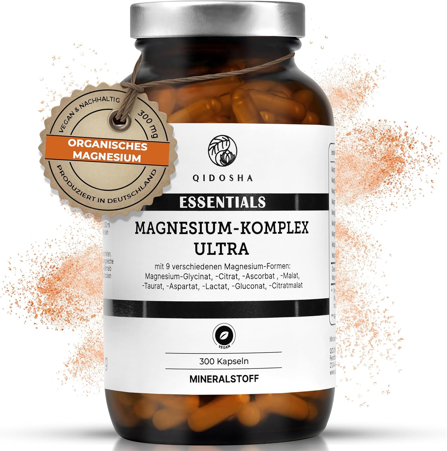 Magnesium Komplex mit B6 & Zink – QIDOSHA® Magnesium Complex High Dose, 300 Capsules in Pharmacist Glass, 9 mg Forms with Complementary Focus as Mg Full Spectrum, 300 mg Elementary Magnesium/Daily Serving