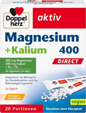 Magnesium 400 mg – Double Heart Magnesium 400 + Potassium Direct/for Normal Muscle Function and Normal Nervous System/1 x 20 Servings of Micro Pellets