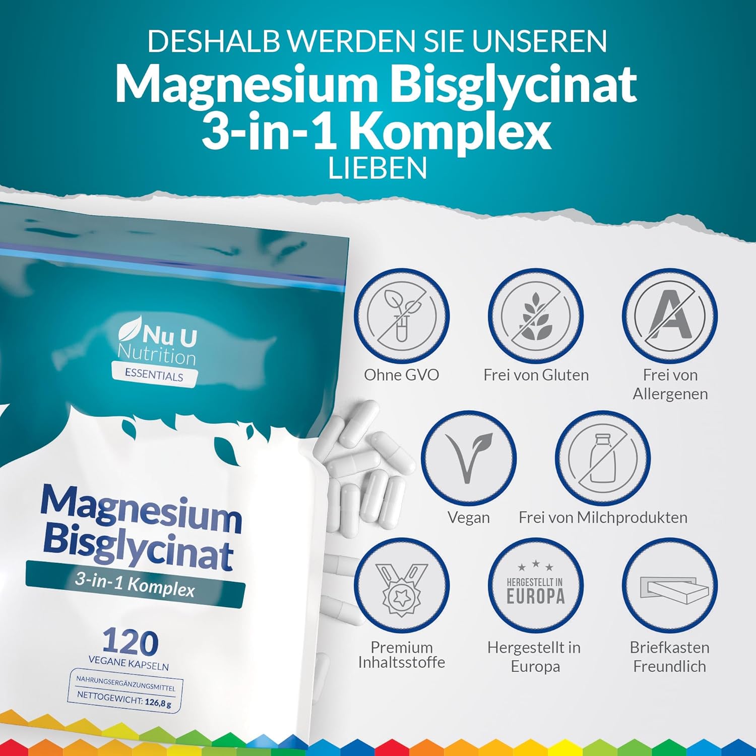Magnesium Komplex mit B6 & Zink – Magnesium Glycinate 3-in-1 Complex 1813 mg - 120 Vegan Capsules - Triple High Absorption Bisglycinate, Citrate & Malate - 384 mg Elemental Magnesium - Nu U Nutrition – Bild 6