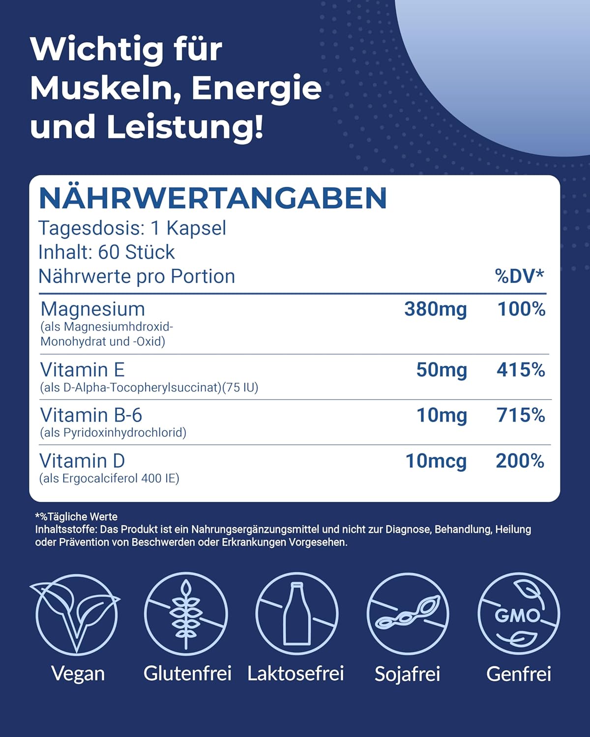 Magnesium Komplex mit B6 & Zink – MGSPORT High Absorption Magnesium Capsules Pack of 60 - 380 mg Elementary Magnesium, Vitamin Capsules with Vitamin B6, E and D, One Tablet Before Sleeping – Bild 6
