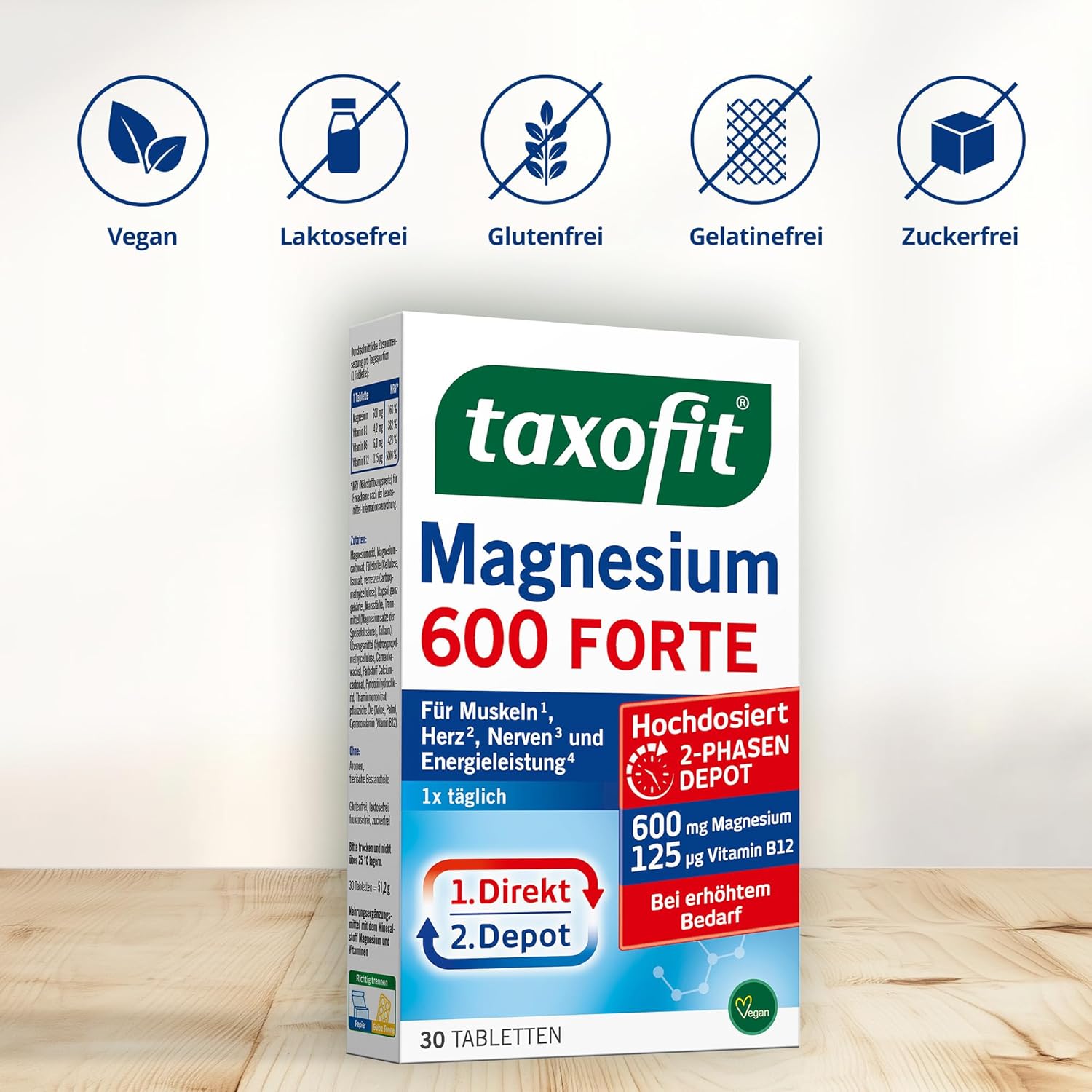Magnesium 600 mg – taxofit Magnesium 600 Forte | 5 x 30 Tablets High Dose Magnesium 600 mg + Vitamin B1 + B6 + B12 | Magnesium Oxide & Magnesium Carbonate | for Muscles ¹, Heart² & Energy 4 | Magnesium Supply for 30 – Bild 4