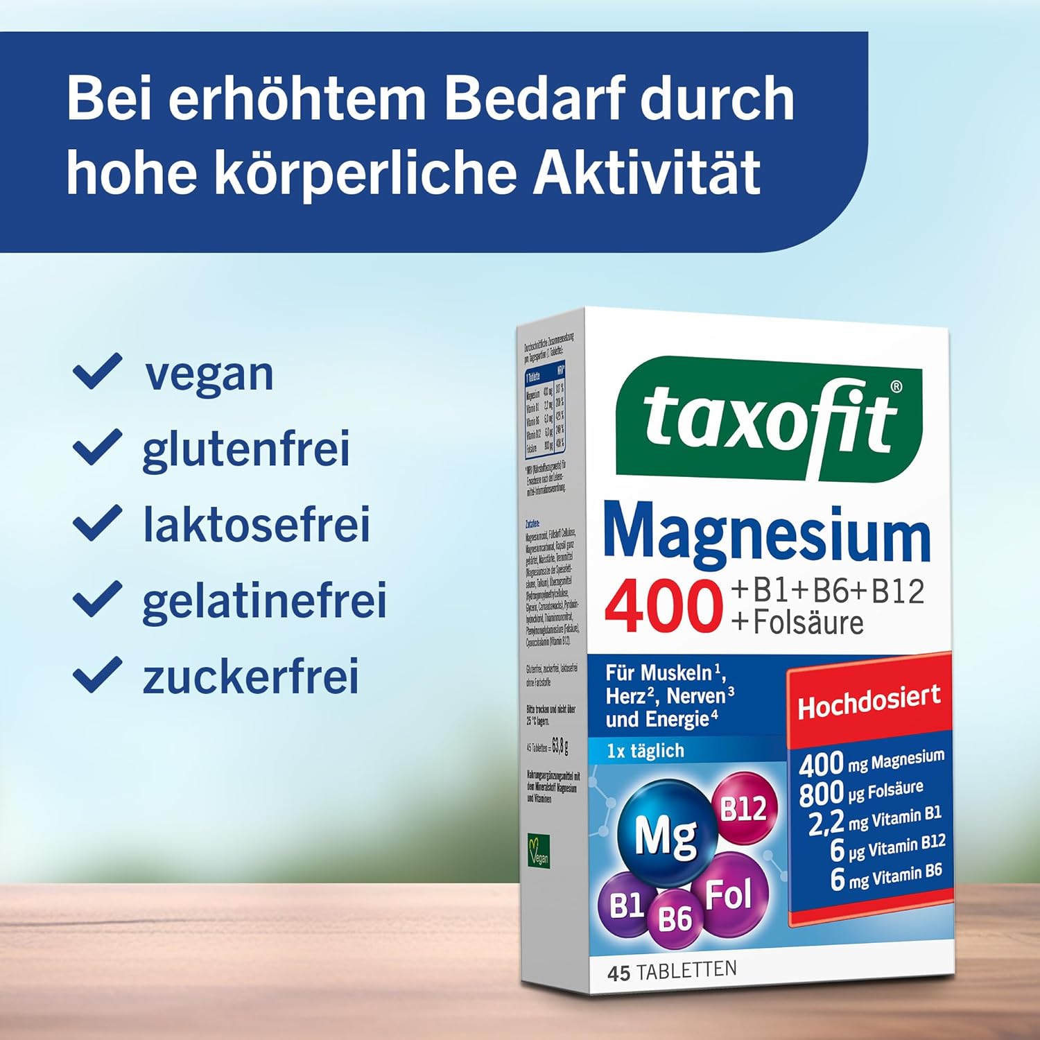 Magnesium Komplex mit B6 & Zink – taxofit® Magnesium 400 Tablets for Muscles, Heart, Nerves, Energy Metabolism & Blood Formation, High Dose, Vegan, Dietary Supplement with Magnesium, B Vitamins & Folic Acid, 5 x 45 Tablets – Bild 5
