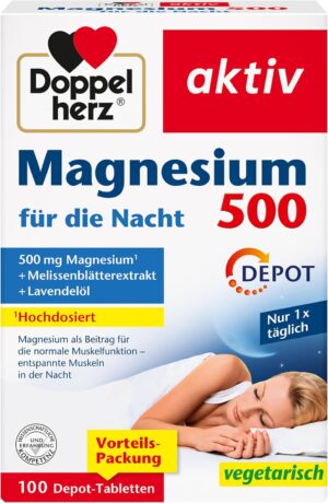 Schlaf-Magnesium mit Melatonin – Natürlich einschlafen & durchschlafen – Doppelherz Magnesium 500 for the Night - With Melissa and Lavender Oil - High Dose Magnesium as a Contribution to Normal Muscle Function - 100 Depot Tablets