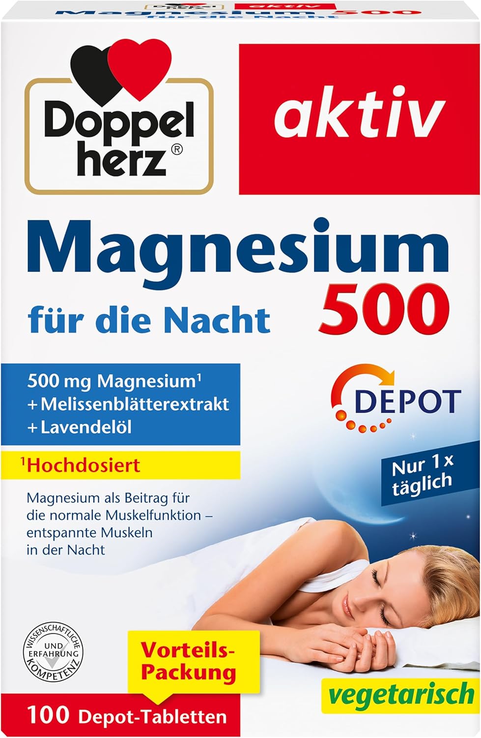 Schlaf-Magnesium mit Melatonin – Natürlich einschlafen & durchschlafen – Doppelherz Magnesium 500 for the Night - With Melissa and Lavender Oil - High Dose Magnesium as a Contribution to Normal Muscle Function - 100 Depot Tablets