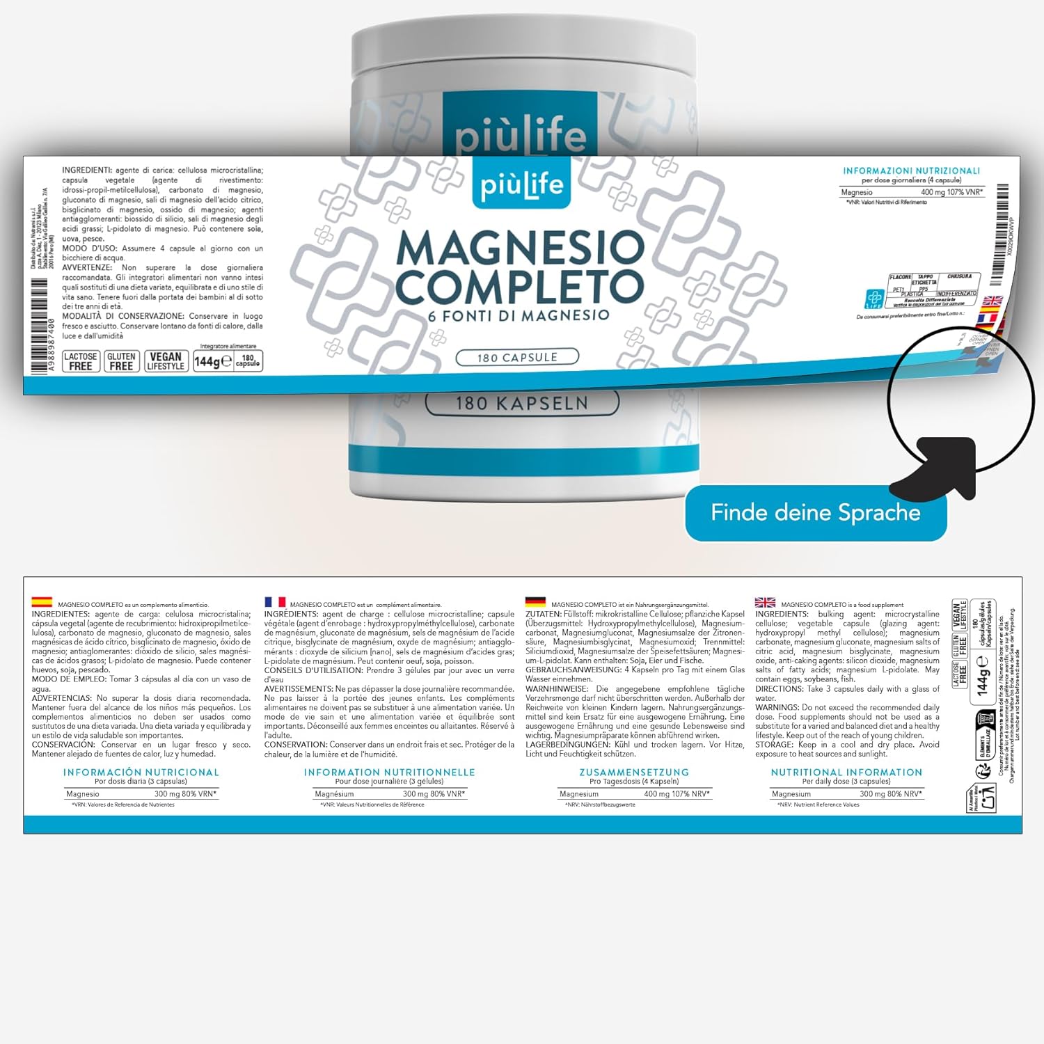 Magnesium Komplex mit B6 & Zink – PiùLife Magnesium Complex High Dose 400 mg - 180 Capsules - 6 Times Magnesium from Organic Compounds: Bisglycinate, Citrate, Pidolatate, Gluconate, Carbonate, Oxide - Vegan, Gluten & Lactose Free – Bild 7