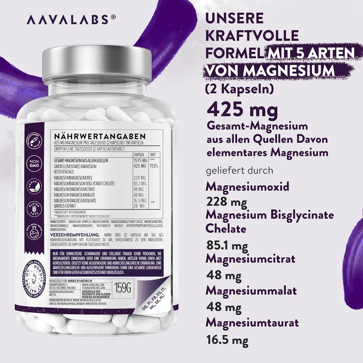 Magnesium Komplex mit B6 & Zink – Magnesium Complex High Dose 1575 mg | 425 mg Elementary Magnesium Premium with 5 Forms: Bisglycinate Chelate, Magnesium Citrate, Malate, Taurate, Magnesium Oxide - Energy, Muscles, Nerves - 180 – Bild 4
