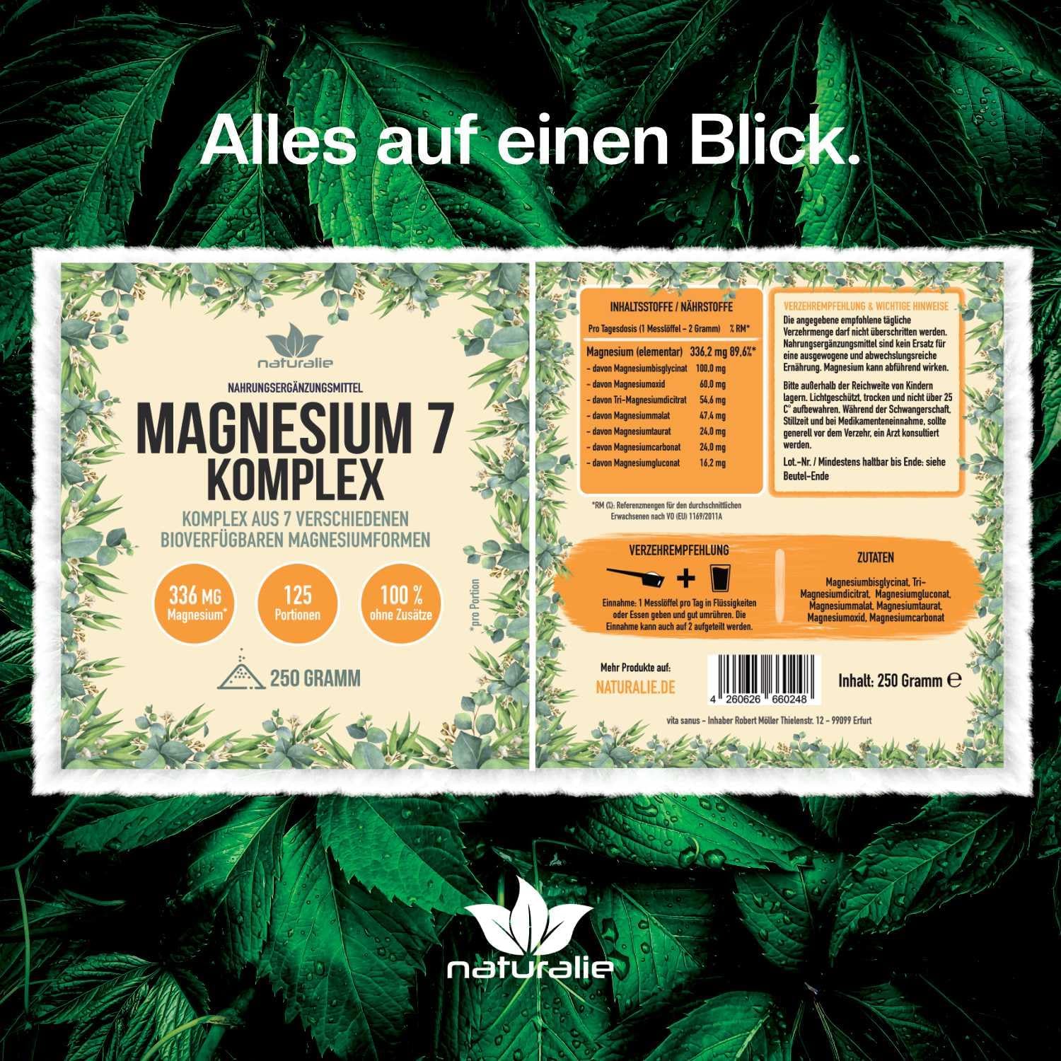 Magnesium Komplex mit B6 & Zink – naturalie® Magnesium Powder in Complex 7 Magnesium Forms Bioavailable 336 mg Elementary Magnesium (per 2 g) Laboratory Tested without Unnecessary Additives 250 g – Bild 7