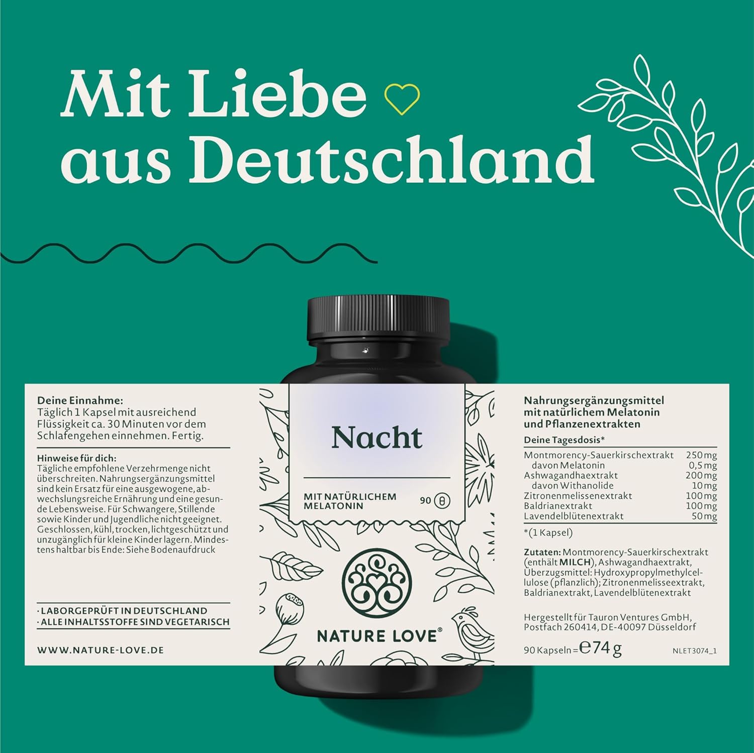 Schlaf-Magnesium mit Melatonin – Natürlich einschlafen & durchschlafen – NATURE LOVE® Nacht - 90 Capsules - with Natural Melatonin, Ashwagandha, Valerian, Lavender and Lemon Balm - 0.5 mg Melatonin per Capsule - Laboratory Tested and Made in Germany – Bild 5