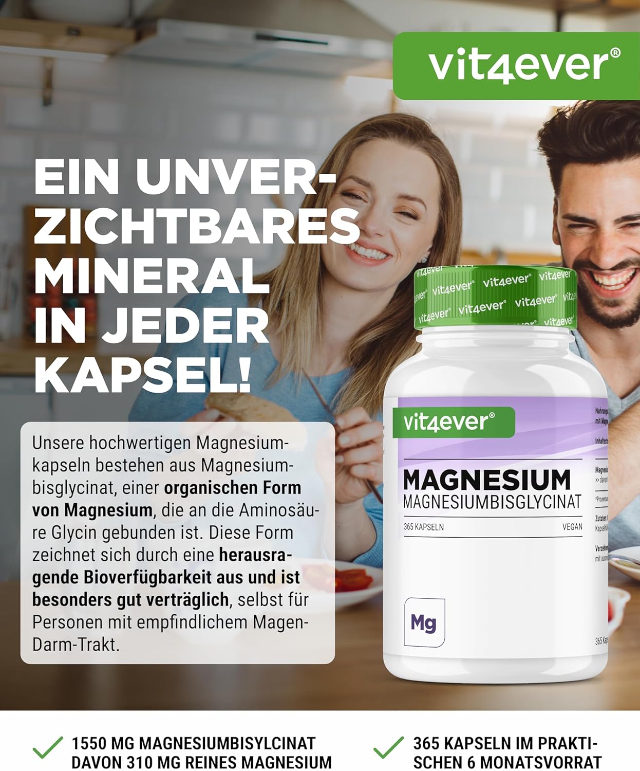Schlaf-Magnesium mit Melatonin – Natürlich einschlafen & durchschlafen – Magnesium Bisglycinate - 365 Capsules - Premium: Chelated Magnesium - 155 mg Elementary Magnesium per Capsule - Laboratory Tested - Vegan - High Dose – Bild 2