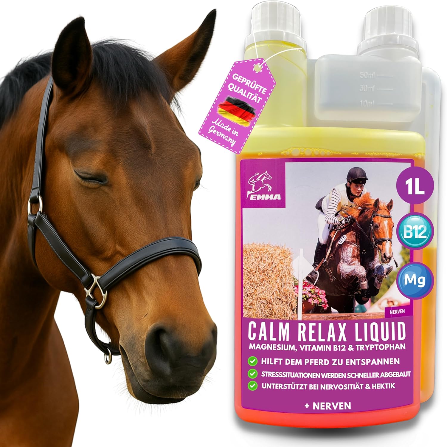 Magnesium Komplex mit B6 & Zink – Magnesium Horse with Tryptophan Vitamin B12 Liquid 1L Additional Food Calm Anti Stress - Horse Relax I Magnesium Complex for Relaxation Soothing Nerves Horse I Like Horses Relax for Anxiety Transport