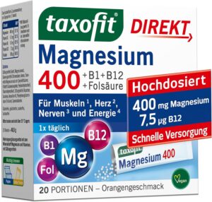Magnesium 400 mg – Taxofit Magnesium 400 + B1 + B6 + B12 + Folic Acid, 800 Gran. Pack of 20 Resin