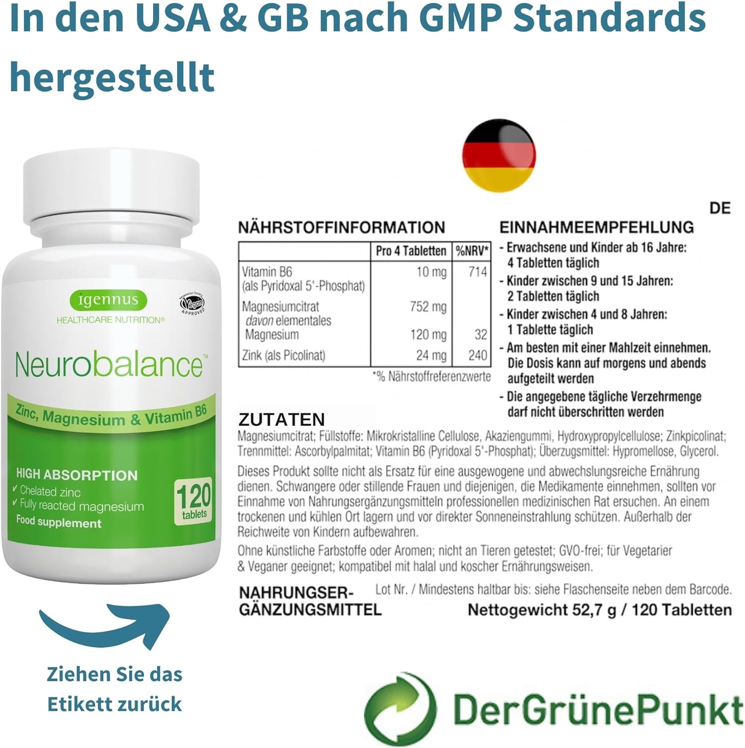 Magnesium Komplex mit B6 & Zink – Neurobalance: zinc methionine, magnesium & vitamin B6 – supplement for brain function and mental performance support, 120 tablets – Bild 5