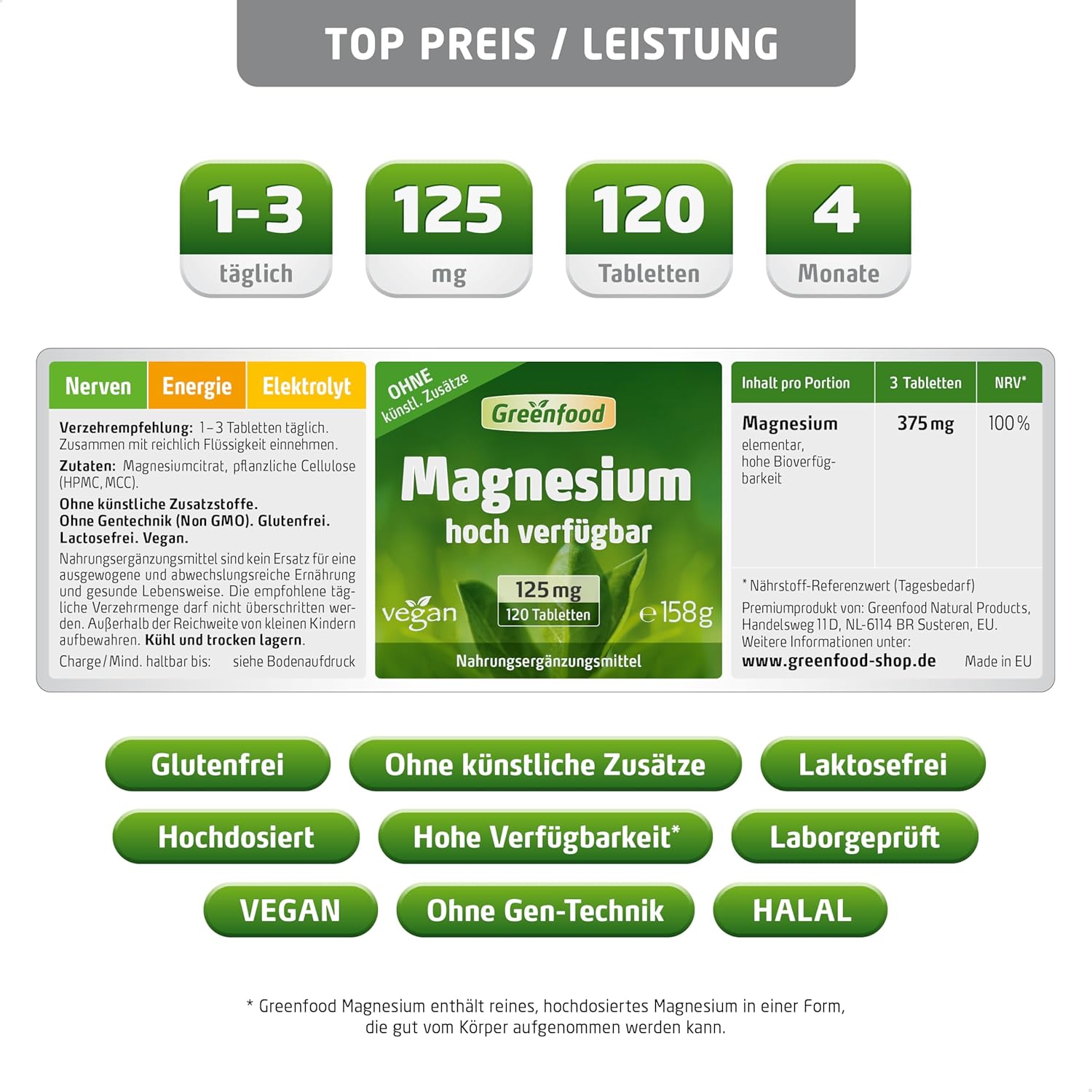 Magnesium 400 mg – Magnesium, High Dosage, 375 mg – 120 Tablets, Vegan. Magnesium Citrate (High Bioavailability) – for Nerves, Bone Maintenance & Muscle Function. Without Artificial Additives – Laboratory Tested – Bild 2