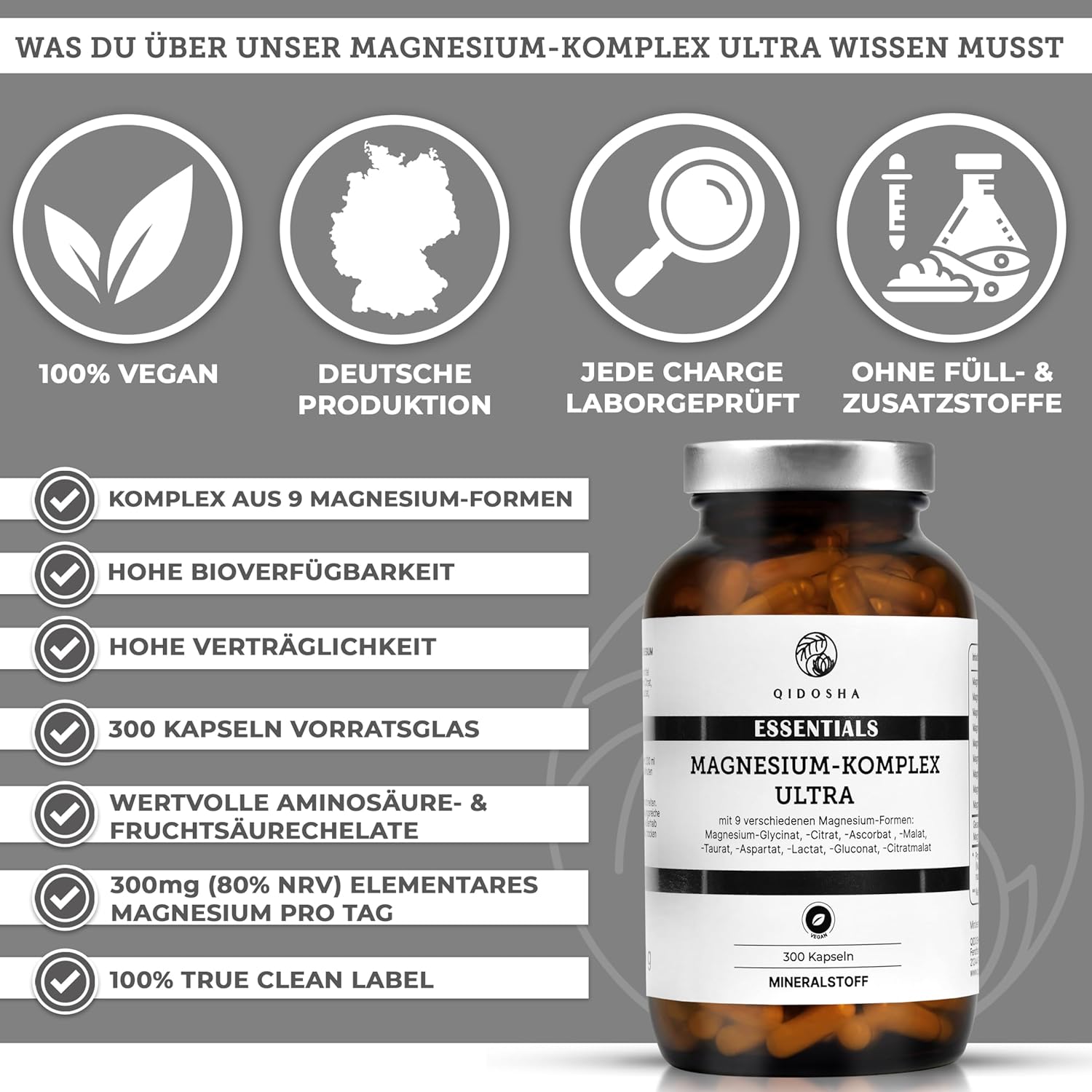 Magnesium Komplex mit B6 & Zink – QIDOSHA® Magnesium Complex High Dose, 300 Capsules in Pharmacist Glass, 9 mg Forms with Complementary Focus as Mg Full Spectrum, 300 mg Elementary Magnesium/Daily Serving – Bild 2