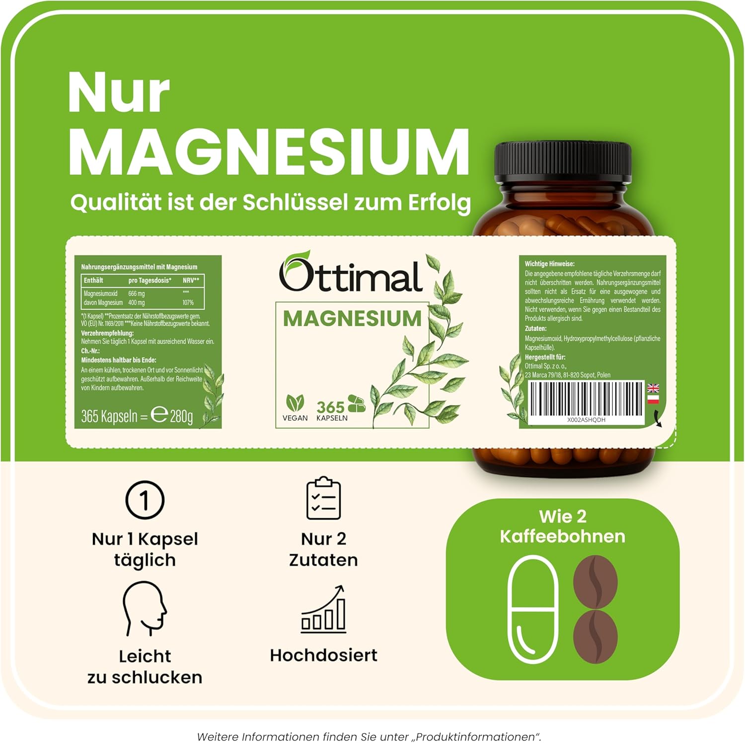 Magnesium 400 mg – Small capsules (107% NRV / 400 mg / 365 pcs/1 year) magnesium oxide 666 mg, of which 400 mg elementary - magnesium high dose capsules - daily requirement in 1 capsule (annual supply) laboratory tested – Bild 4