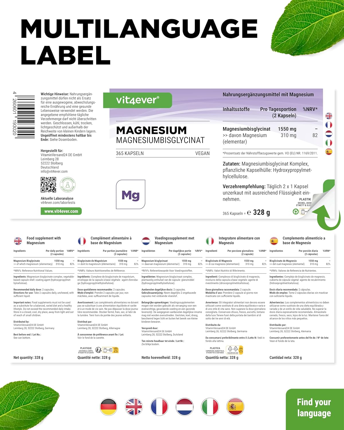 Schlaf-Magnesium mit Melatonin – Natürlich einschlafen & durchschlafen – Magnesium Bisglycinate - 365 Capsules - Premium: Chelated Magnesium - 155 mg Elementary Magnesium per Capsule - Laboratory Tested - Vegan - High Dose – Bild 6