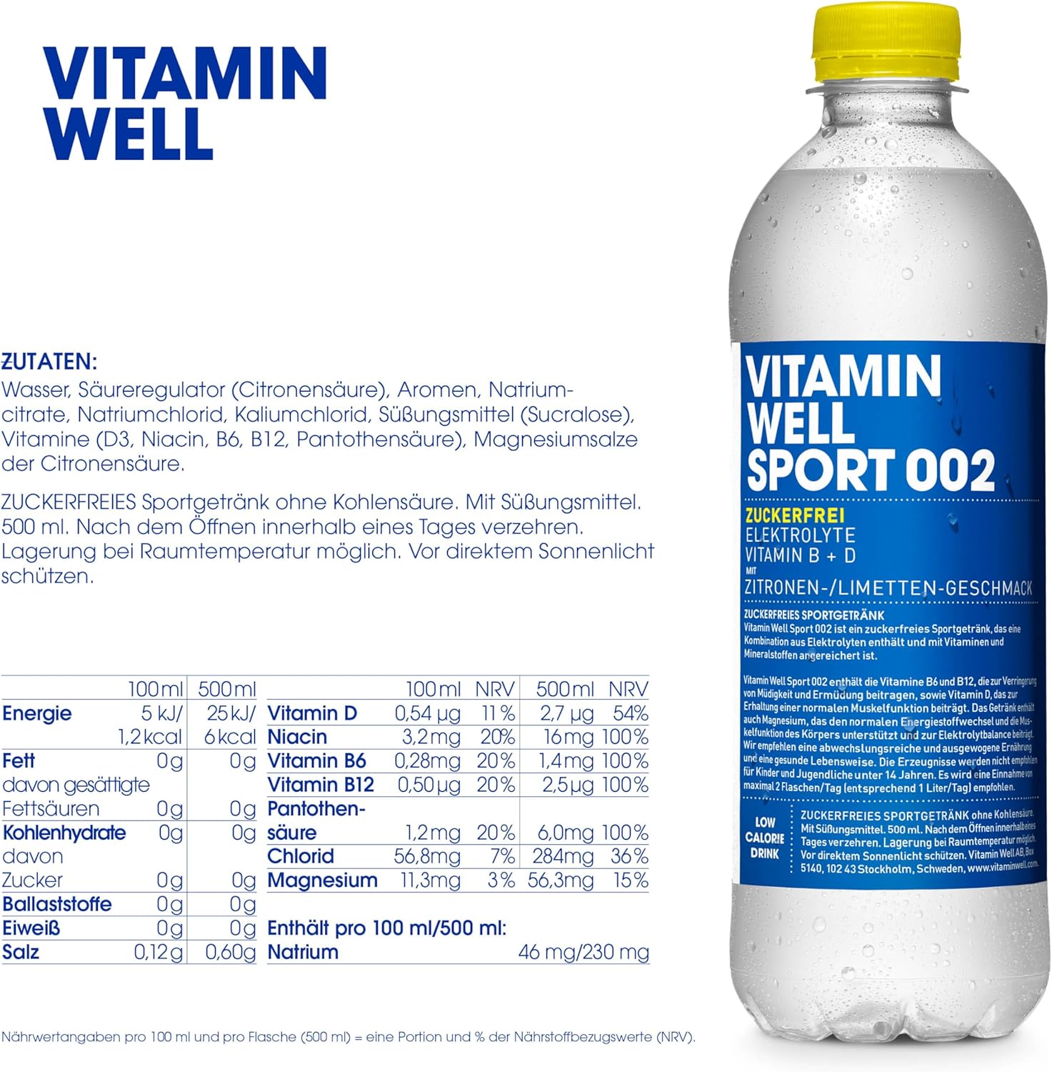 Magnesium Komplex mit B6 & Zink – Vitamin Well Sport 002 Sugar-Free Sports Drink with Electrolytes, Vitamins B & D, Magnesium, Lemon/Lime Flavour, 500 ml, Pack of 12 – Bild 5