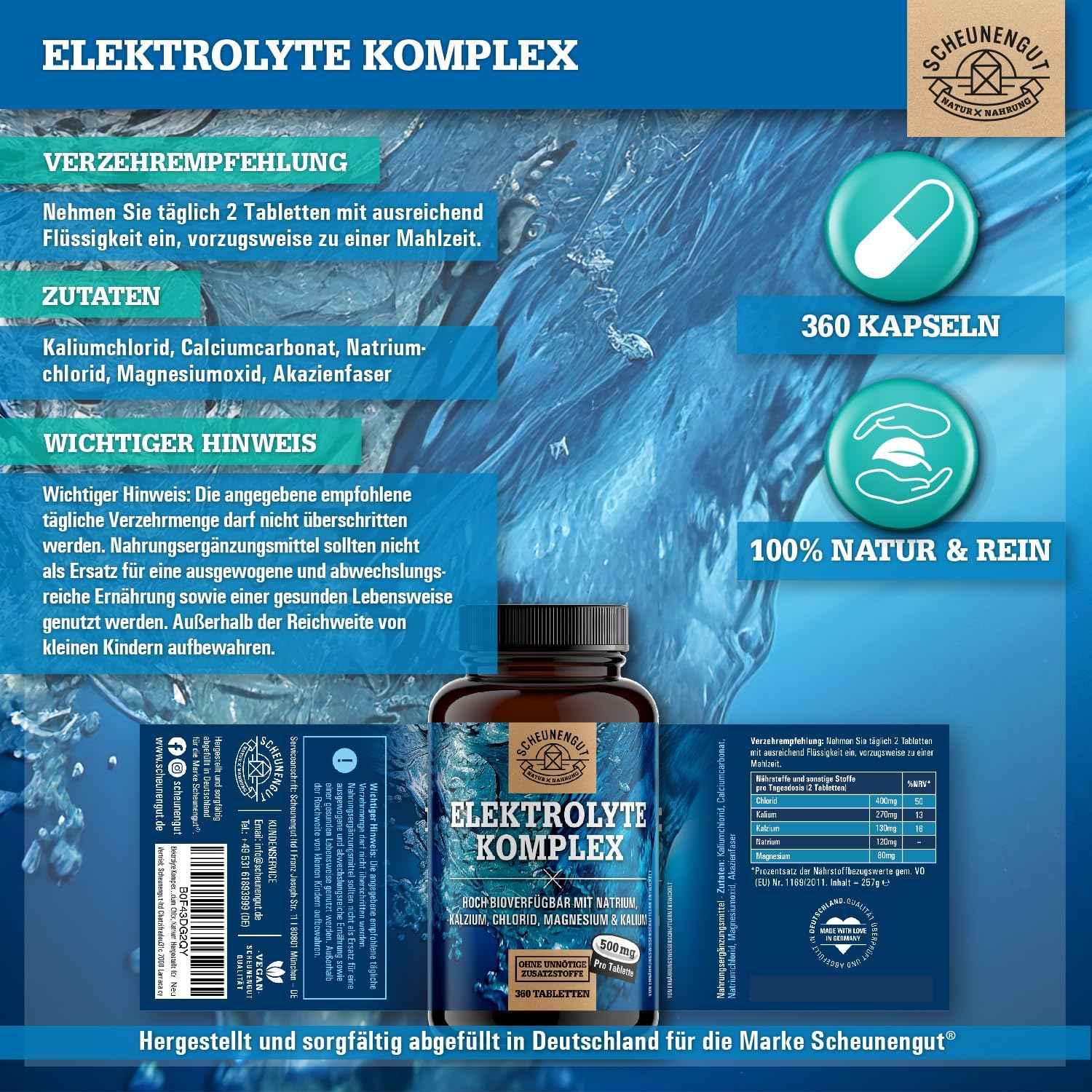 Magnesium Komplex mit B6 & Zink – Electrolytes 1000 mg per dose – Important: Electrolytes without sugar – Potassium, Magnesium, Calcium, Chloride and Sodium – High Dose Complex – 360 Electrolytes I Vegan DE SCHEUNENGUT® – Bild 8