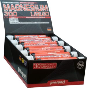 Magnesium Komplex mit B6 & Zink – Prosport Magnesium Liquid Drinking Ampoules 30 x 25 ml - Dietary Supplement High Dose with 300 mg Magnesium per Serving, 5 B Vitamins - Multi-Fruit Flavour - Ready to Drink Shot