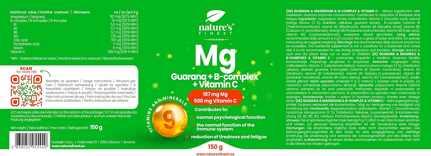 Magnesium Komplex mit B6 & Zink – Nature's Finest Guarana & Magnesium Citrate Complex - With B Vitamins & Vitamin C - For Energy, Concentration & Muscle Function - 30-Day Supply (150g) – Bild 2