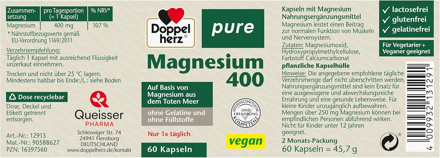 Magnesium 400 mg – Doppelherz Pure Magnesium 400 - Based on Magnesium from the Dead Sea - Vegan - 60 Capsules – Bild 4