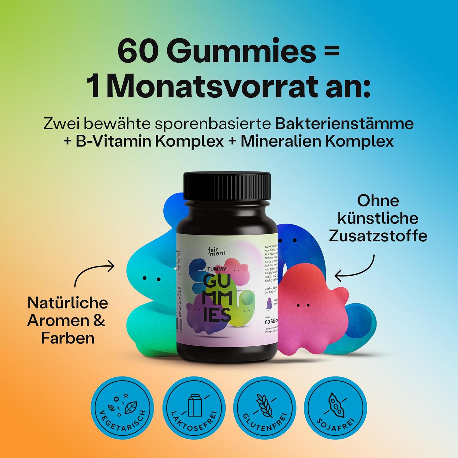 Magnesium Komplex mit B6 & Zink – fairment Tummy Gummies Gummies with Probiotic Cultures Bacillus Subtilis and Bacillus Coagulans with Magnesium, Zinc, Vitamin B2 and B12-60 Gummies – Bild 4