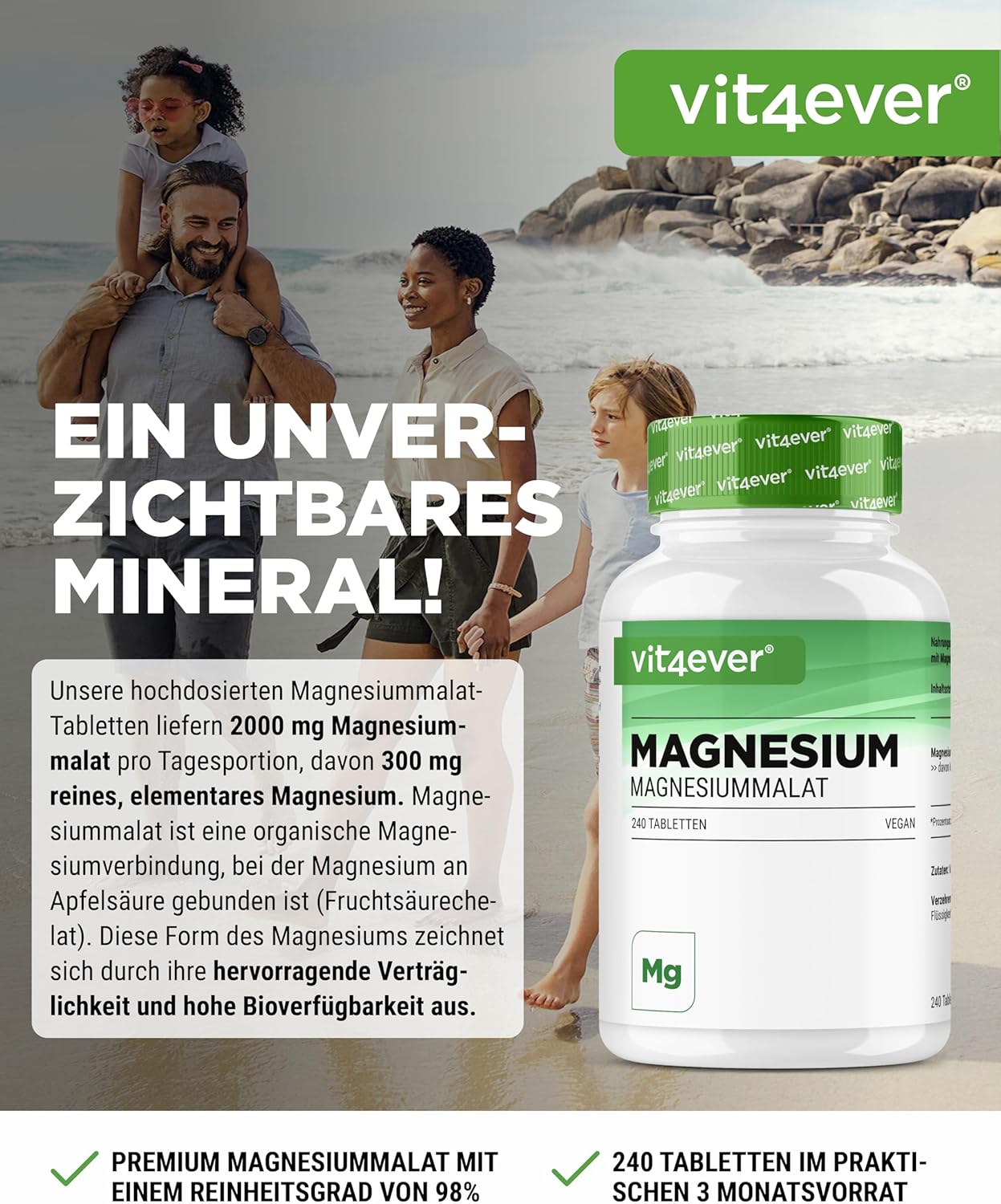 Magnesium 600 mg – Magnesium Malate - 240 Tablets with 2000 mg Magnesium Malate per Daily Serving - High Bioavailability & High Dose - No Unwanted Additives - Vegan – Bild 2