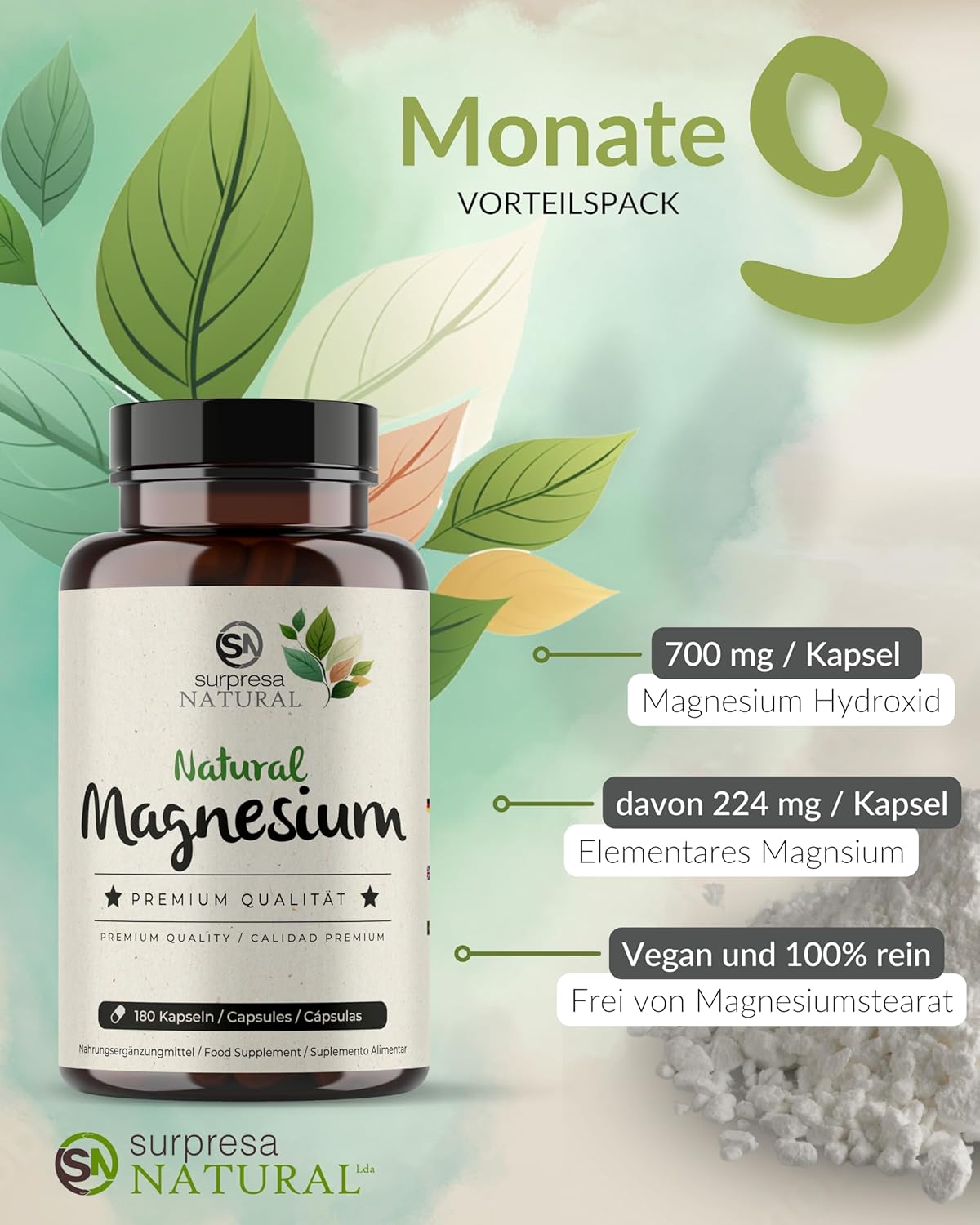 Magnesium 600 mg – Magnesium Capsules High Dose I 3 x 180 Capsules I 700 mg Hydroxide from Sea Water I 224 mg Elementary Magnesium per Capsule I Dietary Supplement Vegan & Laboratory Tested – Bild 3