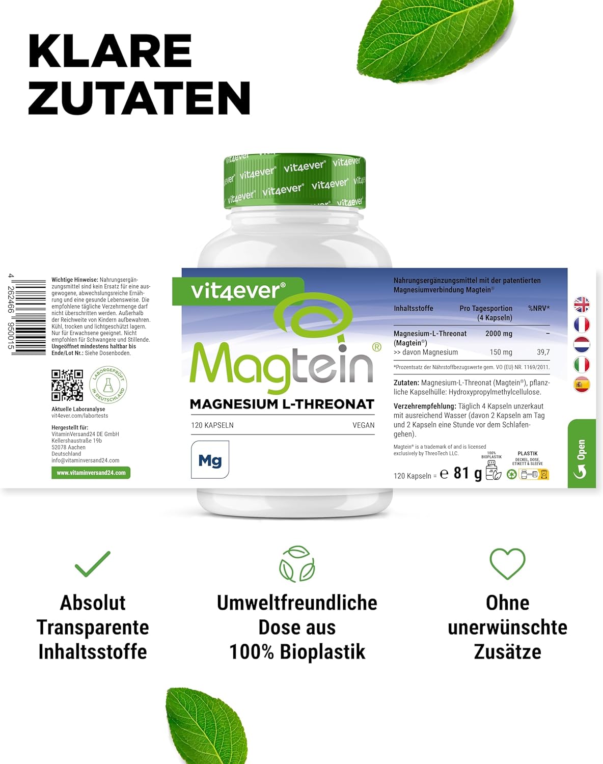 Magnesium Komplex mit B6 & Zink – Magtein Magnesium L-Threonate 120 Capsules - High Dose 2000 mg Pure Magnesium L-Threonate per Day - Vegan – Bild 4