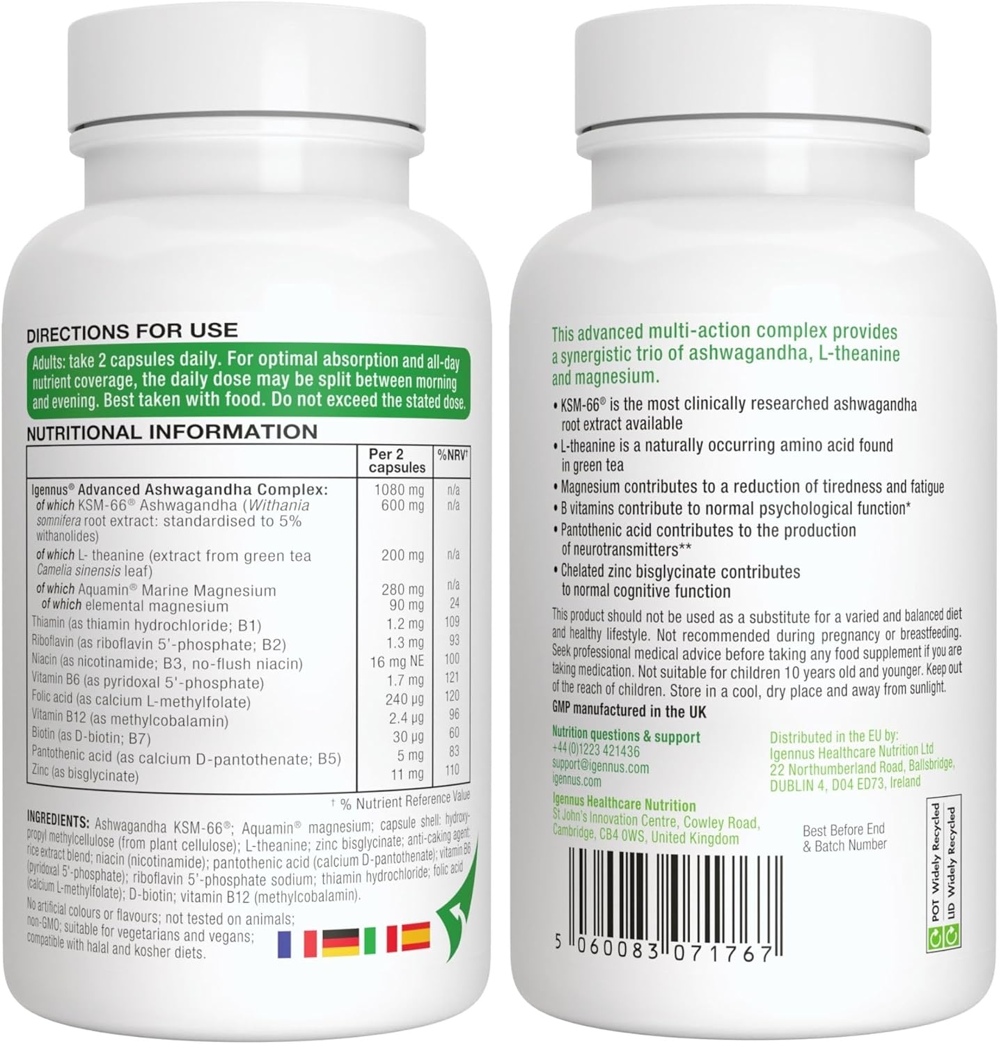 Magnesium Komplex mit B6 & Zink – Igennus High Dose Ashwagandha Anti-Stress Complex, L-Theanine & Magnesium & KSM-66 Root Extract Adaptogens, Methylated B Vitamins, for Relaxation & Sleep, Clean Label, 60 Vegan Capsules – Bild 8