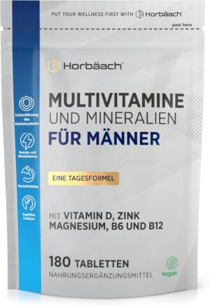 Magnesium Komplex mit B6 & Zink – Multivitamin Tablets Men | 28 Vitamins & Minerals with Magnesium, Iodine, Vitamin B3, Vitamin D, Zinc and More | 180 Vegan Tablets | Horbaach